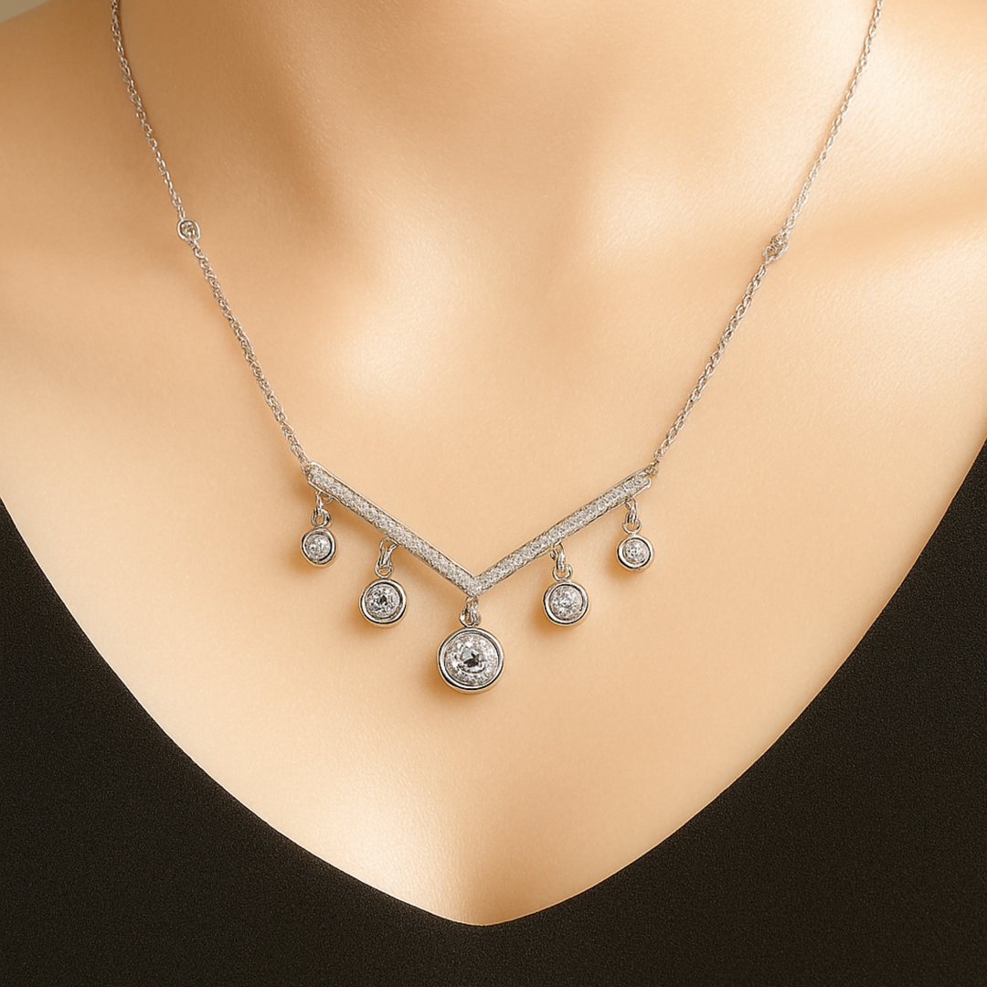 Luxury V-Shape Sterling Silver Necklace with Shimmering CZ Drops Silver Ocean Luxury V-Shape Sterling Silver Necklace with Shimmering CZ Drops