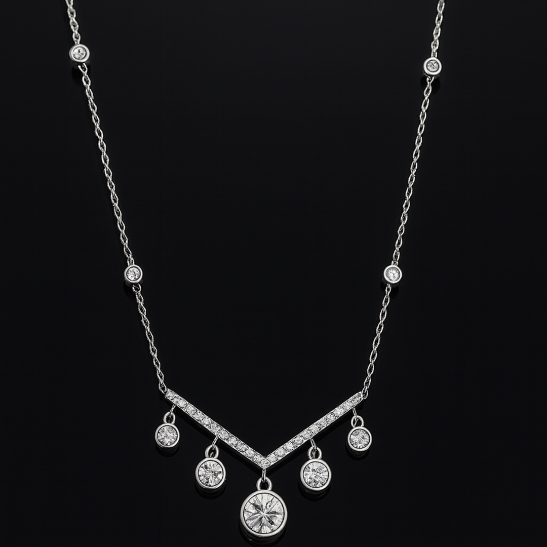 Luxury V-Shape Sterling Silver Necklace with Shimmering CZ Drops Silver Ocean Luxury V-Shape Sterling Silver Necklace with Shimmering CZ Drops