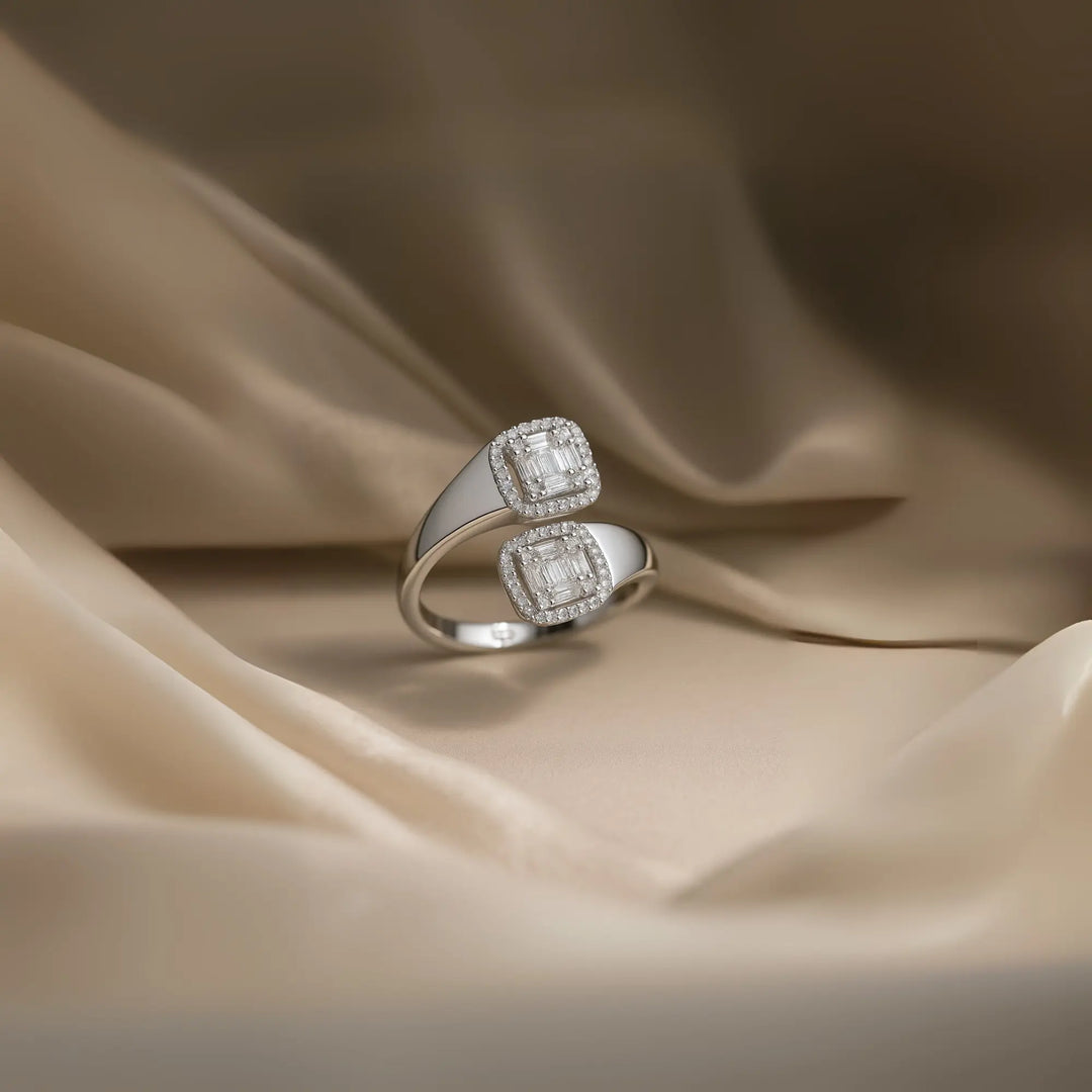 925 Sterling Silver Dual Halo Ring - SILVER OCEAN 925 Sterling Silver Dual Halo Ring