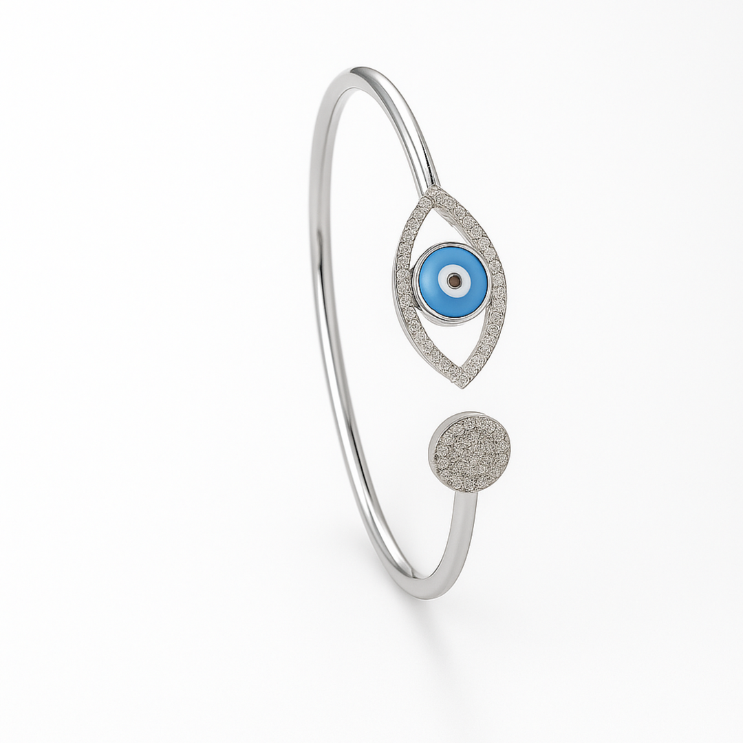 Evil Eye Open Silver Kada Bracelet with CZ Stones – Adjustable Cuff - SILVER OCEAN Evil Eye Open Silver Kada Bracelet with CZ Stones – Adjustable Cuff