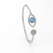 Evil Eye Open Silver Kada Bracelet with CZ Stones – Adjustable Cuff - SILVER OCEAN Evil Eye Open Silver Kada Bracelet with CZ Stones – Adjustable Cuff