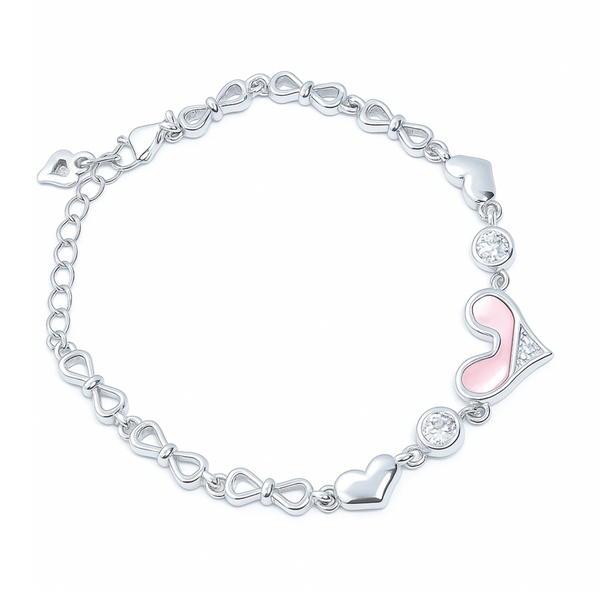 Stylish Silver Heart & Bow Bracelet for Women – Cute Charm Bracelet with Pink Enamel & Zircon Stones - SILVER OCEAN Stylish Silver Heart & Bow Bracelet for Women – Cute Charm Bracelet with Pink Enamel & Zircon Stones