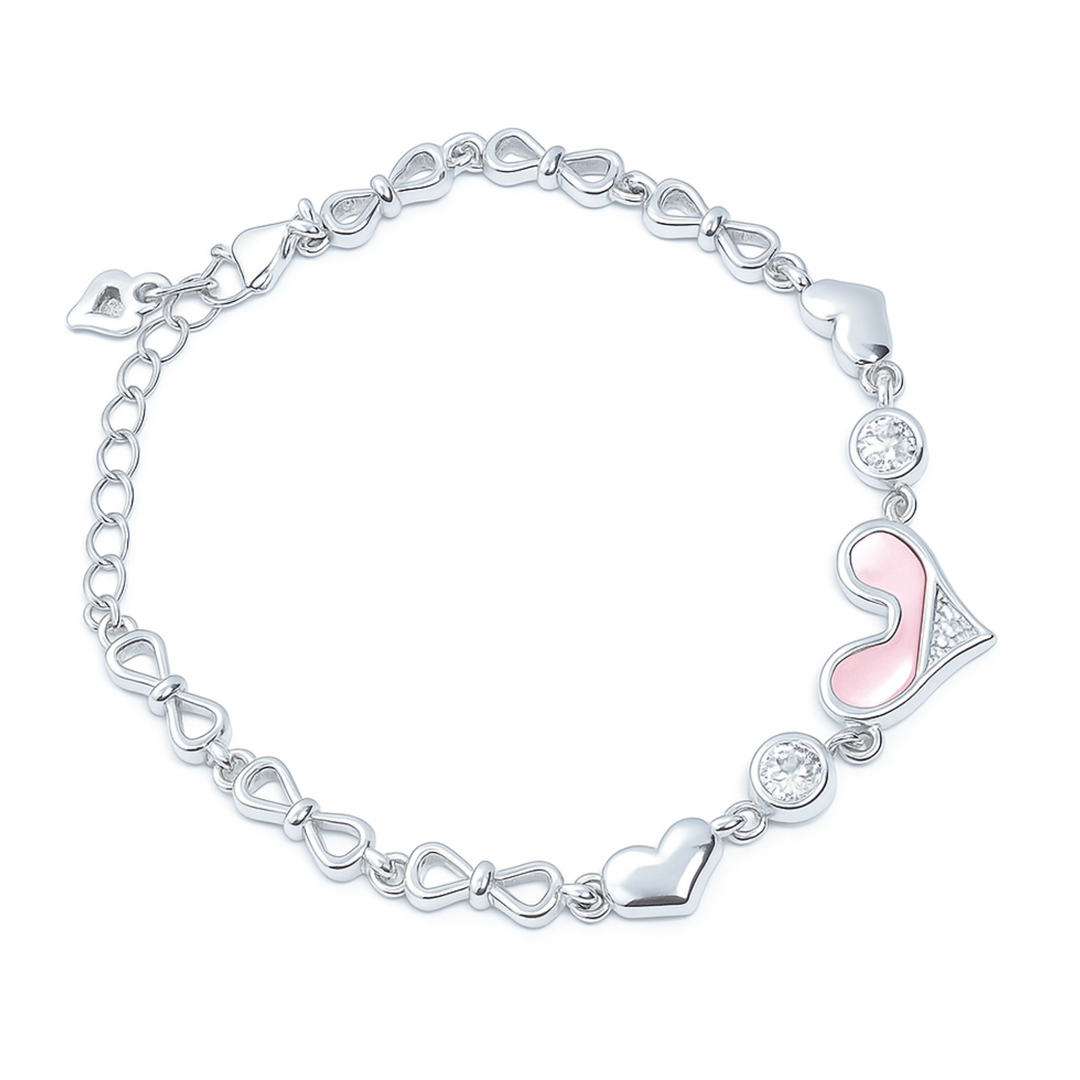 Stylish Silver Heart & Bow Bracelet for Women – Cute Charm Bracelet with Pink Enamel & Zircon Stones - SILVER OCEAN Stylish Silver Heart & Bow Bracelet for Women – Cute Charm Bracelet with Pink Enamel & Zircon Stones