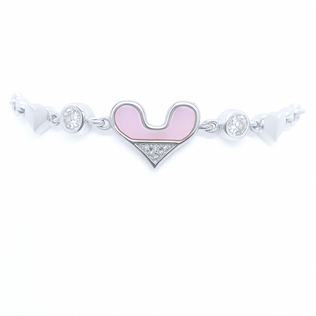 Stylish Silver Heart & Bow Bracelet for Women – Cute Charm Bracelet with Pink Enamel & Zircon Stones - SILVER OCEAN Stylish Silver Heart & Bow Bracelet for Women – Cute Charm Bracelet with Pink Enamel & Zircon Stones