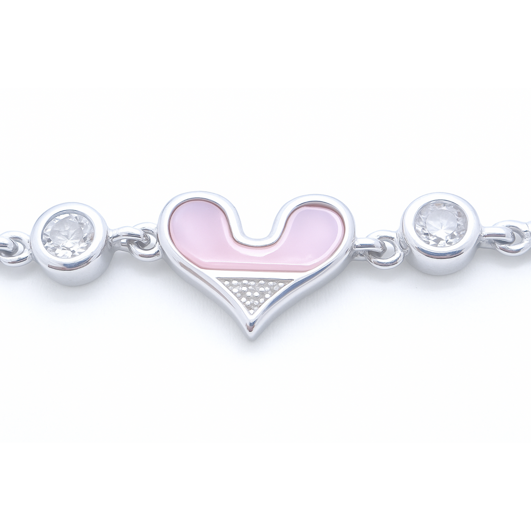 Stylish Silver Heart & Bow Bracelet for Women – Cute Charm Bracelet with Pink Enamel & Zircon Stones - SILVER OCEAN Stylish Silver Heart & Bow Bracelet for Women – Cute Charm Bracelet with Pink Enamel & Zircon Stones