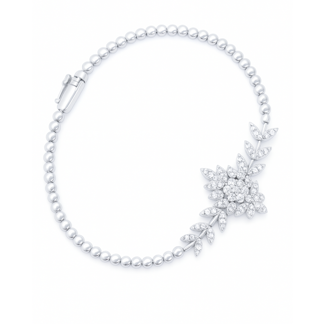 925 Sterling Silver Floral Designer Bracelet for Women – Sparkling CZ Leaf Pattern - SILVER OCEAN 925 Sterling Silver Floral Designer Bracelet for Women – Sparkling CZ Leaf Pattern
