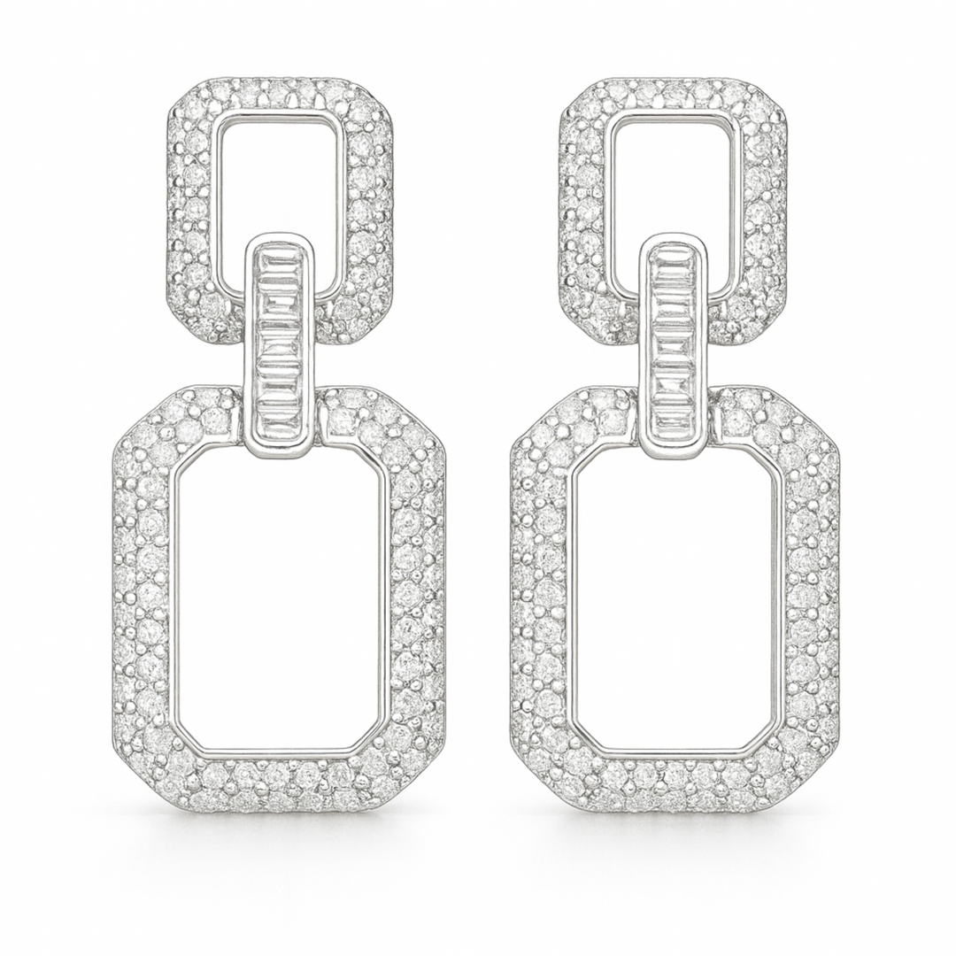 silver Modern Rectangular Link Drop Earrings with Sparkling Pave diamond - SILVER OCEAN silver Modern Rectangular Link Drop Earrings with Sparkling Pave diamond