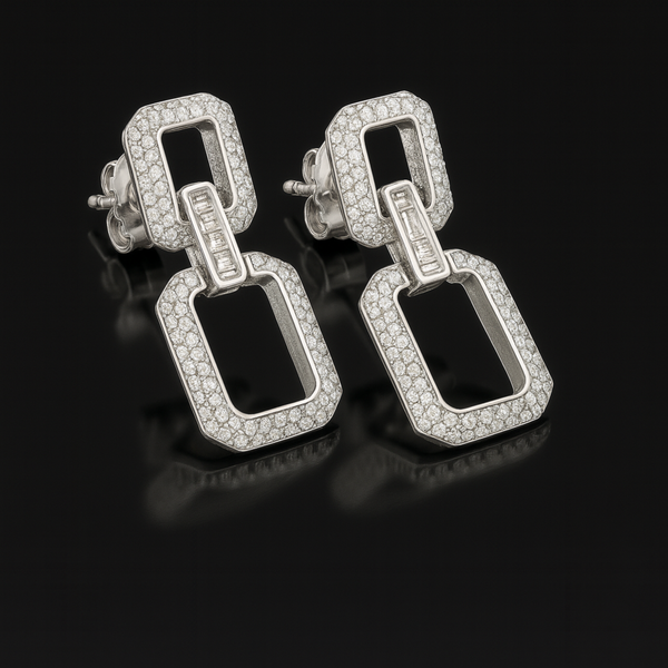 silver Modern Rectangular Link Drop Earrings with Sparkling Pave diamond - SILVER OCEAN silver Modern Rectangular Link Drop Earrings with Sparkling Pave diamond
