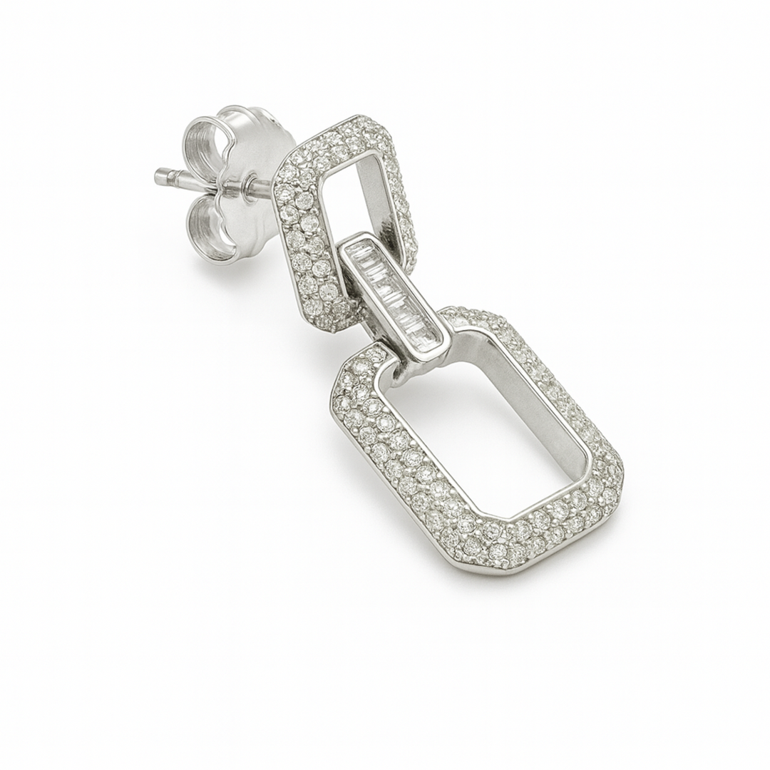 silver Modern Rectangular Link Drop Earrings with Sparkling Pave diamond - SILVER OCEAN silver Modern Rectangular Link Drop Earrings with Sparkling Pave diamond