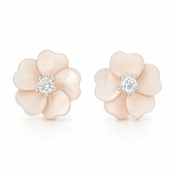 Silver delicate Pink Floral Stud Earrings with Shimmering Center Stone - SILVER OCEAN Silver delicate Pink Floral Stud Earrings with Shimmering Center Stone