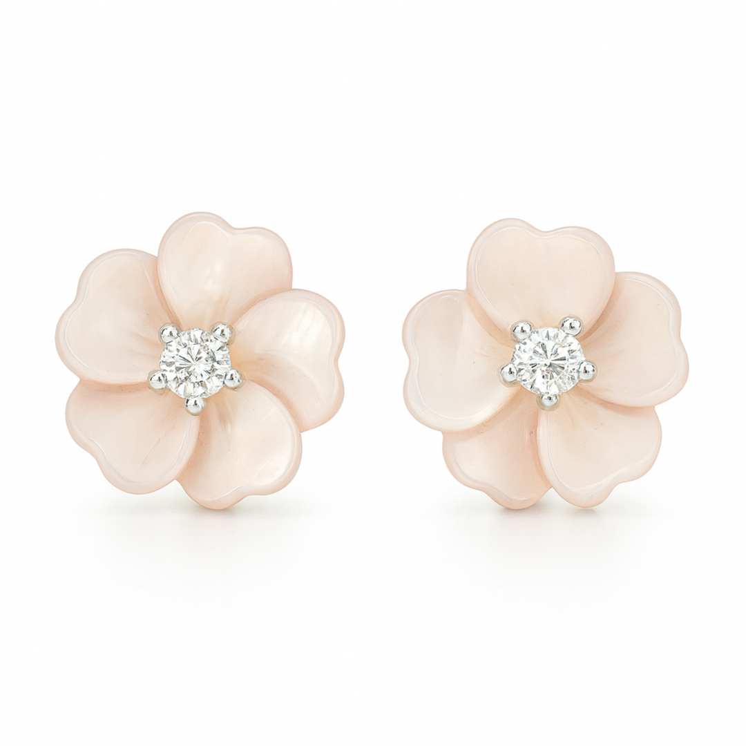 Silver delicate Pink Floral Stud Earrings with Shimmering Center Stone - SILVER OCEAN Silver delicate Pink Floral Stud Earrings with Shimmering Center Stone