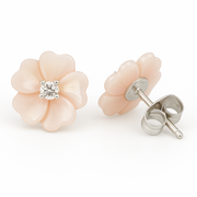 Silver delicate Pink Floral Stud Earrings with Shimmering Center Stone - SILVER OCEAN Silver delicate Pink Floral Stud Earrings with Shimmering Center Stone