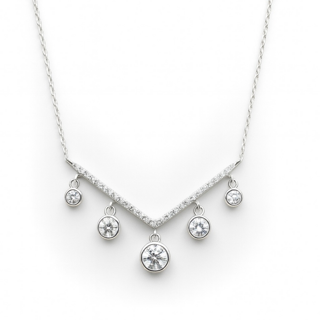 Luxury V-Shape Sterling Silver Necklace with Shimmering CZ Drops Silver Ocean Luxury V-Shape Sterling Silver Necklace with Shimmering CZ Drops