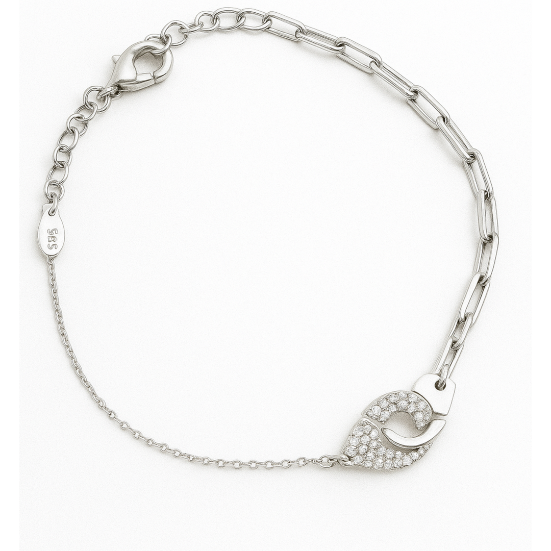 925 Sterling Silver Link Chain Bracelet with CZ Leaf Charm - SILVER OCEAN 925 Sterling Silver Link Chain Bracelet with CZ Leaf Charm