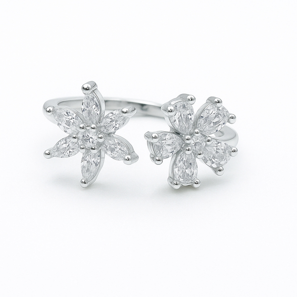 Blossom Dual-Flower Adjustable Silver Ring - SILVER OCEAN Blossom Dual-Flower Adjustable Silver Ring