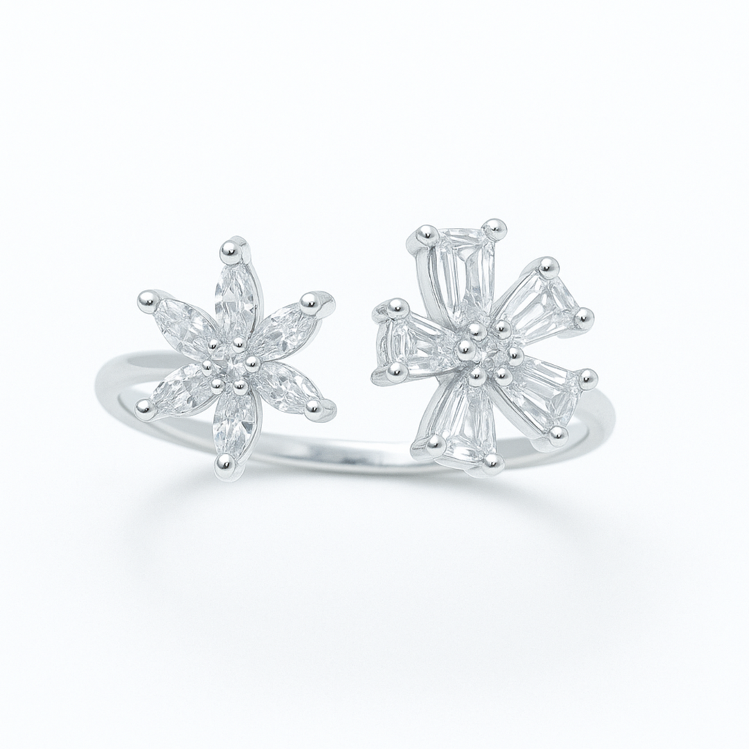 Blossom Dual-Flower Adjustable Silver Ring - SILVER OCEAN Blossom Dual-Flower Adjustable Silver Ring