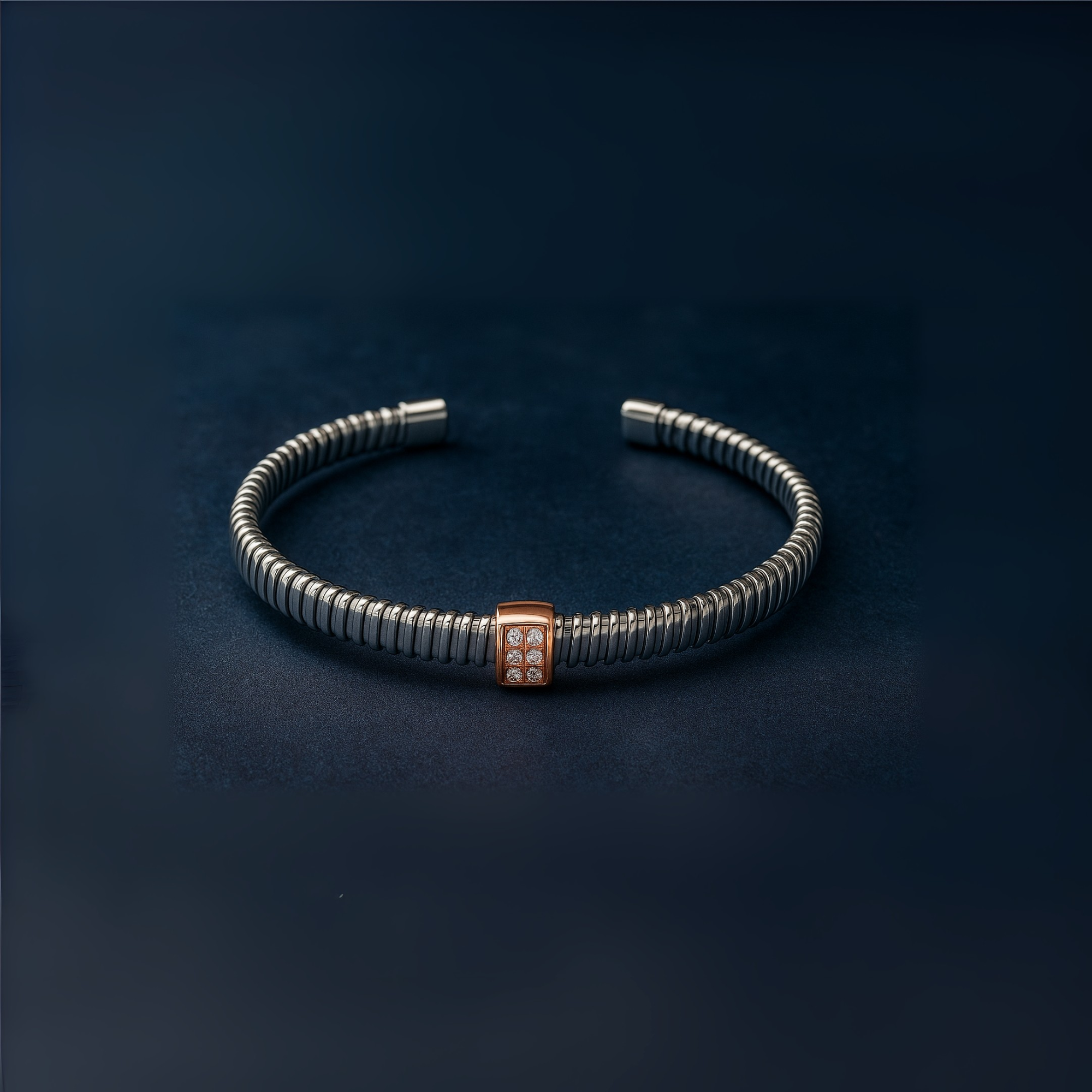 Elegant Silver Coil Kada with Rose Gold & CZ Detailing - SILVER OCEAN Elegant Silver Coil Kada with Rose Gold & CZ Detailing