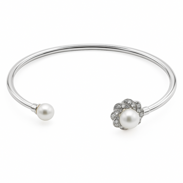 Elegant Silver Kada with Dual Pearl & Crystal Floral Design - SILVER OCEAN Elegant Silver Kada with Dual Pearl & Crystal Floral Design