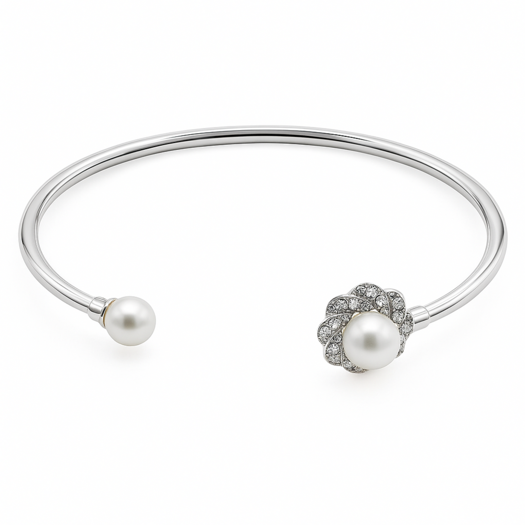 Elegant Silver Kada with Dual Pearl & Crystal Floral Design - SILVER OCEAN Elegant Silver Kada with Dual Pearl & Crystal Floral Design