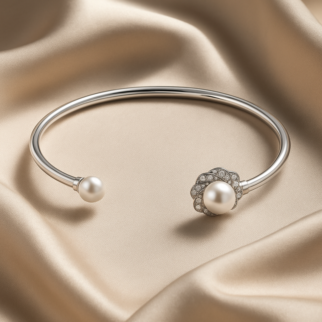 Elegant Silver Kada with Dual Pearl & Crystal Floral Design - SILVER OCEAN Elegant Silver Kada with Dual Pearl & Crystal Floral Design