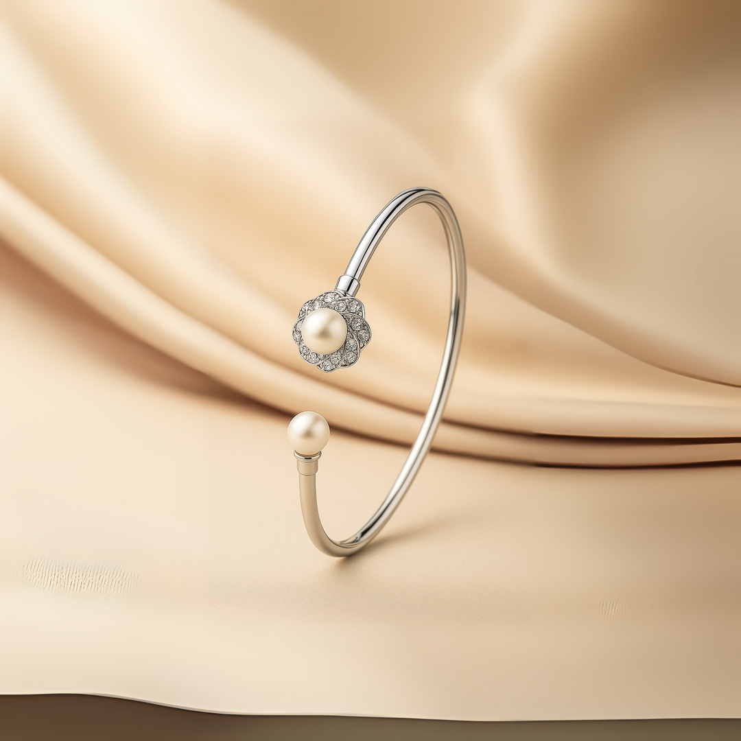 Elegant Silver Kada with Dual Pearl & Crystal Floral Design - SILVER OCEAN Elegant Silver Kada with Dual Pearl & Crystal Floral Design