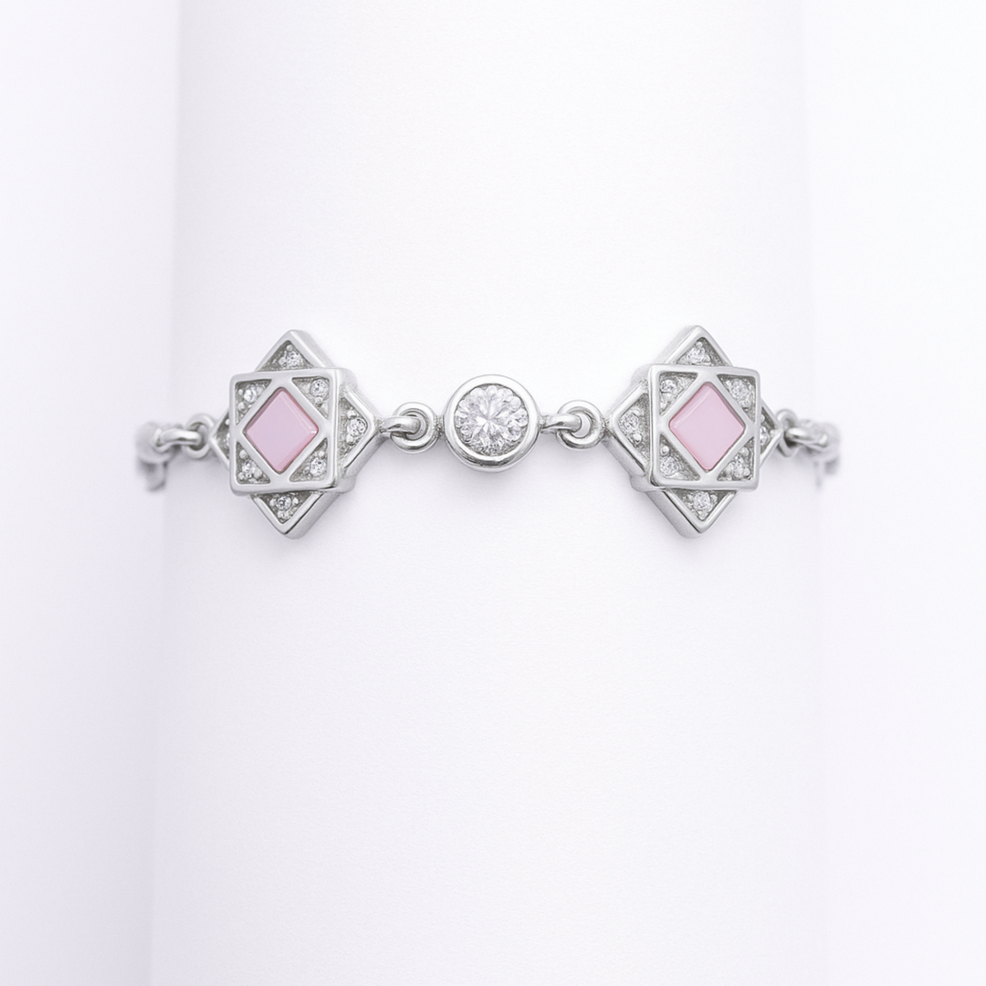 925 Sterling Silver Geometric Star Bracelet with Pink Stone & CZ Accents - SILVER OCEAN 925 Sterling Silver Geometric Star Bracelet with Pink Stone & CZ Accents