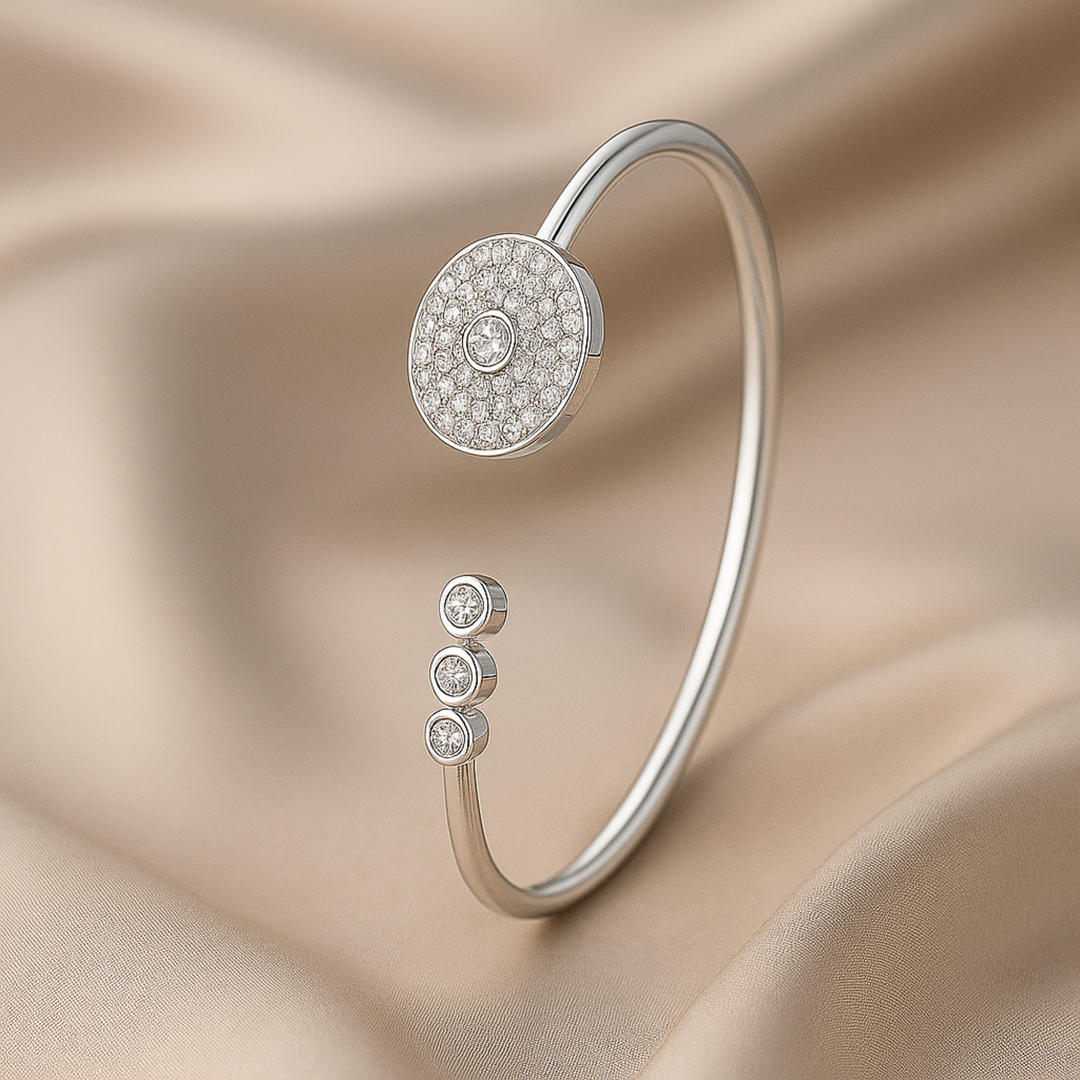 Contemporary Silver Kada with Circular Pave Crystal Design - SILVER OCEAN Contemporary Silver Kada with Circular Pave Crystal Design