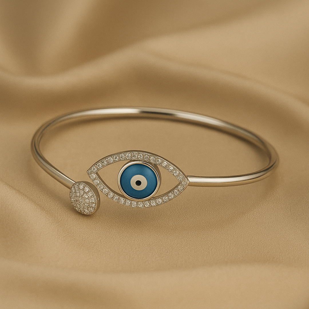 Evil Eye Open Silver Kada Bracelet with CZ Stones – Adjustable Cuff - SILVER OCEAN Evil Eye Open Silver Kada Bracelet with CZ Stones – Adjustable Cuff