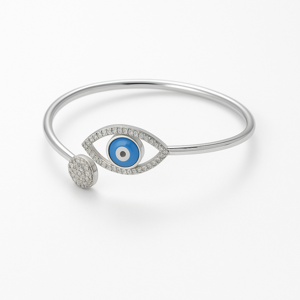 Evil Eye Open Silver Kada Bracelet with CZ Stones – Adjustable Cuff - SILVER OCEAN Evil Eye Open Silver Kada Bracelet with CZ Stones – Adjustable Cuff