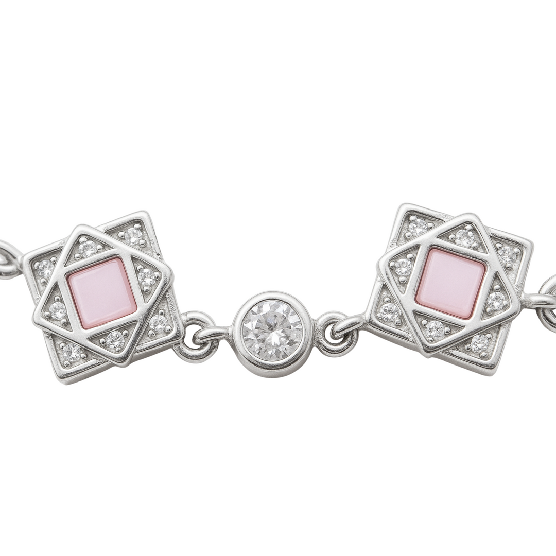 925 Sterling Silver Geometric Star Bracelet with Pink Stone & CZ Accents - SILVER OCEAN 925 Sterling Silver Geometric Star Bracelet with Pink Stone & CZ Accents