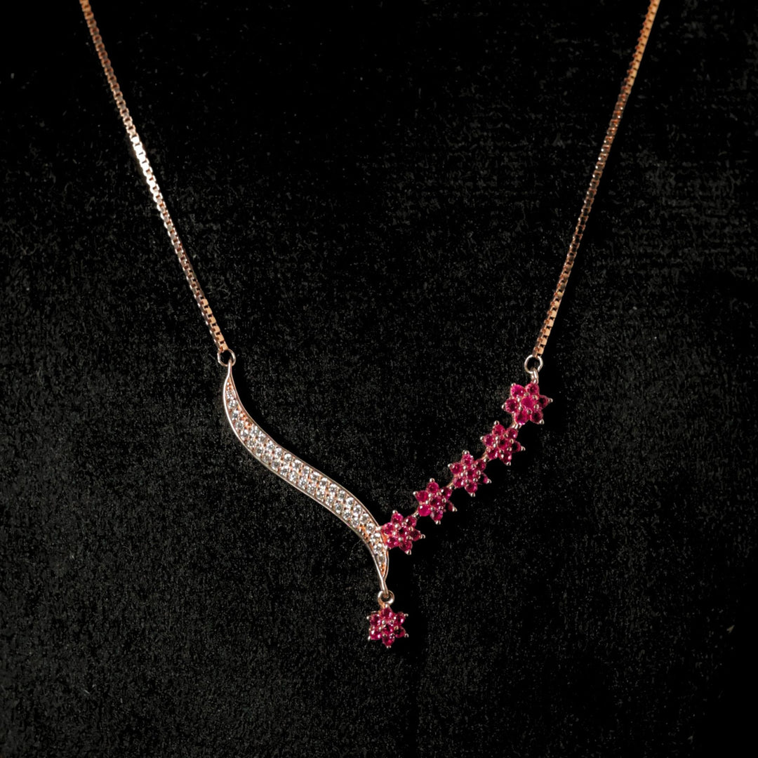 Rose Gold Plated Silver Floral Ruby CZ Pendant Necklace