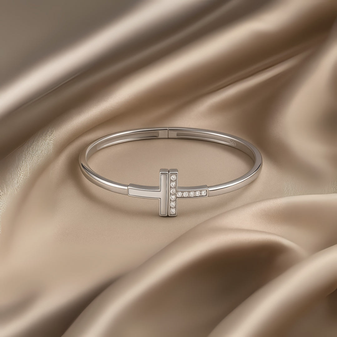 925 Sterling Silver T-Bar Kada with Mother of Pearl & CZ – Elegant Women’s Designer Bangle - SILVER OCEAN 925 Sterling Silver T-Bar Kada with Mother of Pearl & CZ – Elegant Women’s Designer Bangle