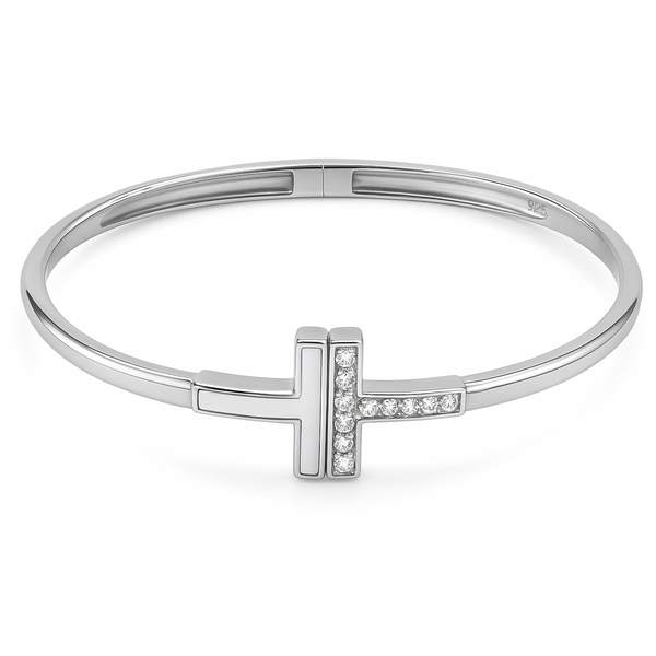 925 Sterling Silver T-Bar Kada with Mother of Pearl & CZ – Elegant Women’s Designer Bangle - SILVER OCEAN 925 Sterling Silver T-Bar Kada with Mother of Pearl & CZ – Elegant Women’s Designer Bangle