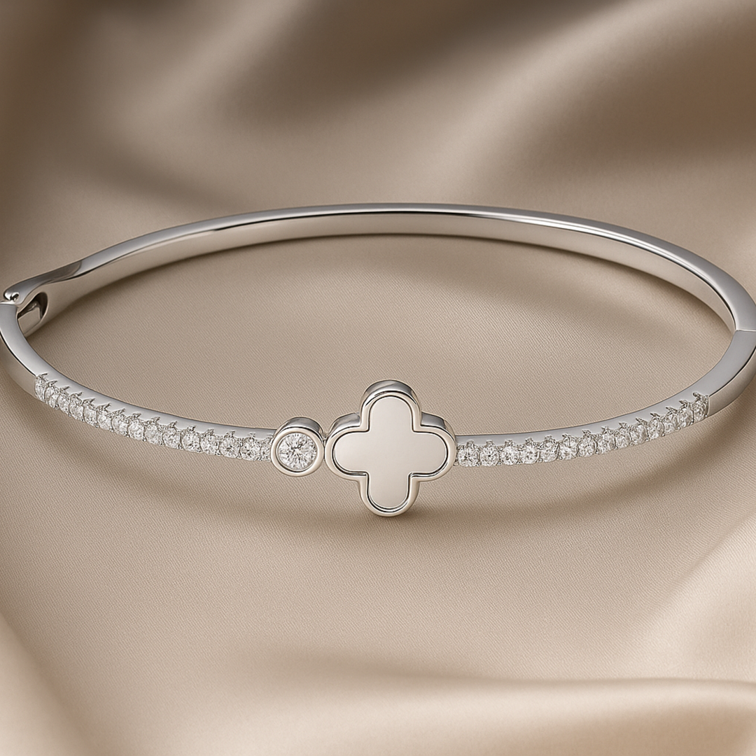 925 Sterling Silver Kada with Clover & Diamond-Cut CZ Accents – Elegant Women’s Bangle - SILVER OCEAN 925 Sterling Silver Kada with Clover & Diamond-Cut CZ Accents – Elegant Women’s Bangle
