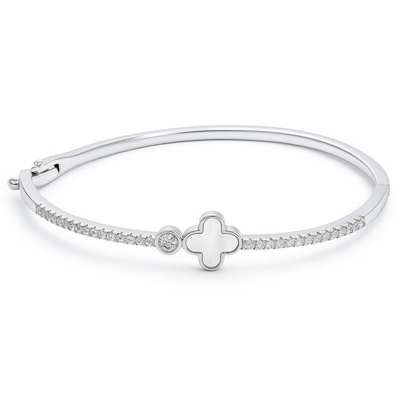925 Sterling Silver Kada with Clover & Diamond-Cut CZ Accents – Elegant Women’s Bangle - SILVER OCEAN 925 Sterling Silver Kada with Clover & Diamond-Cut CZ Accents – Elegant Women’s Bangle