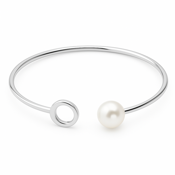 Minimalist Sterling Silver Kada with Pearl Accent – Open Circle Design Silver Ocean Minimalist Sterling Silver Kada with Pearl Accent – Open Circle Design