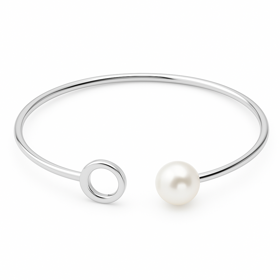 Minimalist Sterling Silver Kada with Pearl Accent – Open Circle Design Silver Ocean Minimalist Sterling Silver Kada with Pearl Accent – Open Circle Design