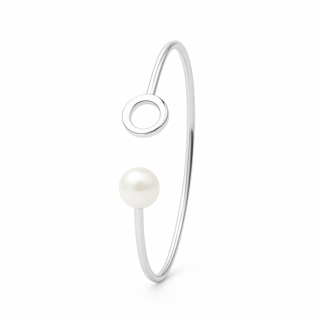 Minimalist Sterling Silver Kada with Pearl Accent – Open Circle Design Silver Ocean Minimalist Sterling Silver Kada with Pearl Accent – Open Circle Design