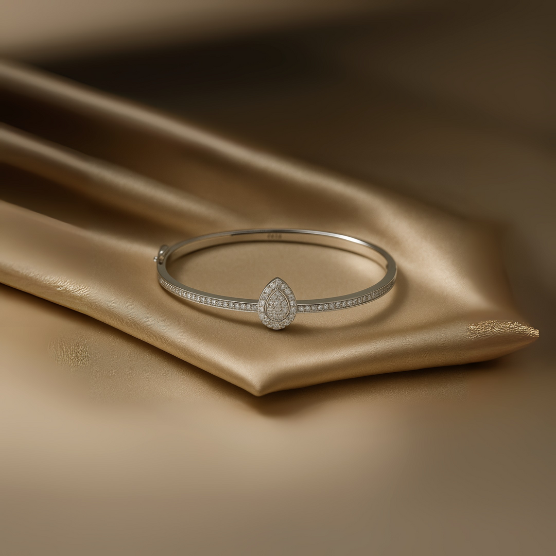 Premium 925 Sterling Silver Kada with Teardrop Diamond Accent – Elegant Women’s Bracelet - SILVER OCEAN Premium 925 Sterling Silver Kada with Teardrop Diamond Accent – Elegant Women’s Bracelet