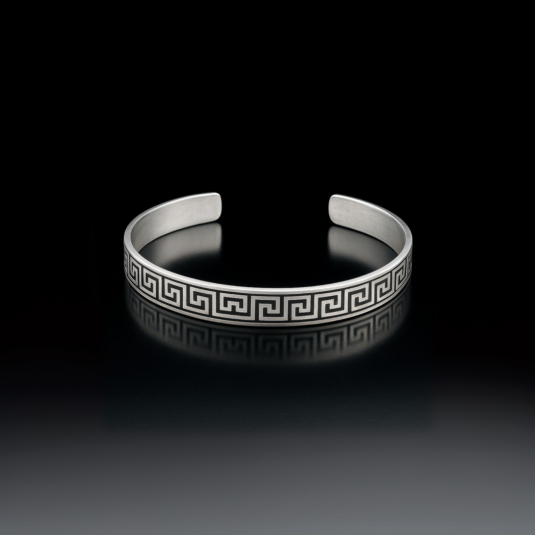 Men’s Sterling Silver Kada with Greek Key Engraving – Brushed Matte Finish - SILVER OCEAN Men’s Sterling Silver Kada with Greek Key Engraving – Brushed Matte Finish