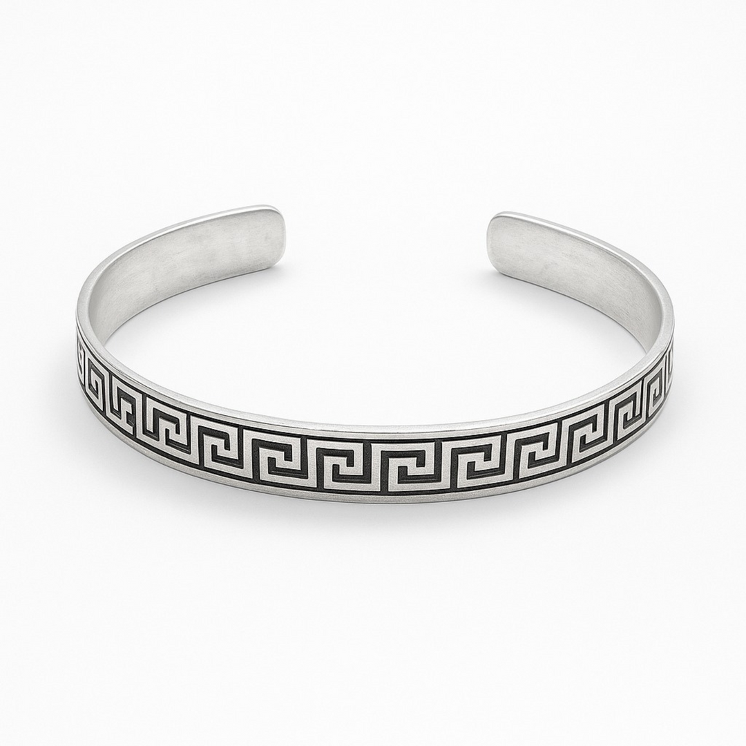 Men’s Sterling Silver Kada with Greek Key Engraving – Brushed Matte Finish - SILVER OCEAN Men’s Sterling Silver Kada with Greek Key Engraving – Brushed Matte Finish