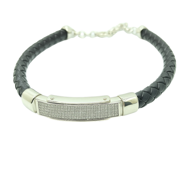 Men’s Black Braided Leather Kada Bracelet with Silver Studded Bar – Adjustable Clasp - SILVER OCEAN Men’s Black Braided Leather Kada Bracelet with Silver Studded Bar – Adjustable Clasp