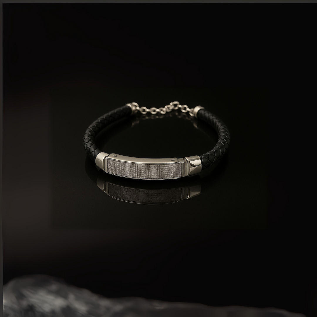 Men’s Black Braided Leather Kada Bracelet with Silver Studded Bar – Adjustable Clasp - SILVER OCEAN Men’s Black Braided Leather Kada Bracelet with Silver Studded Bar – Adjustable Clasp