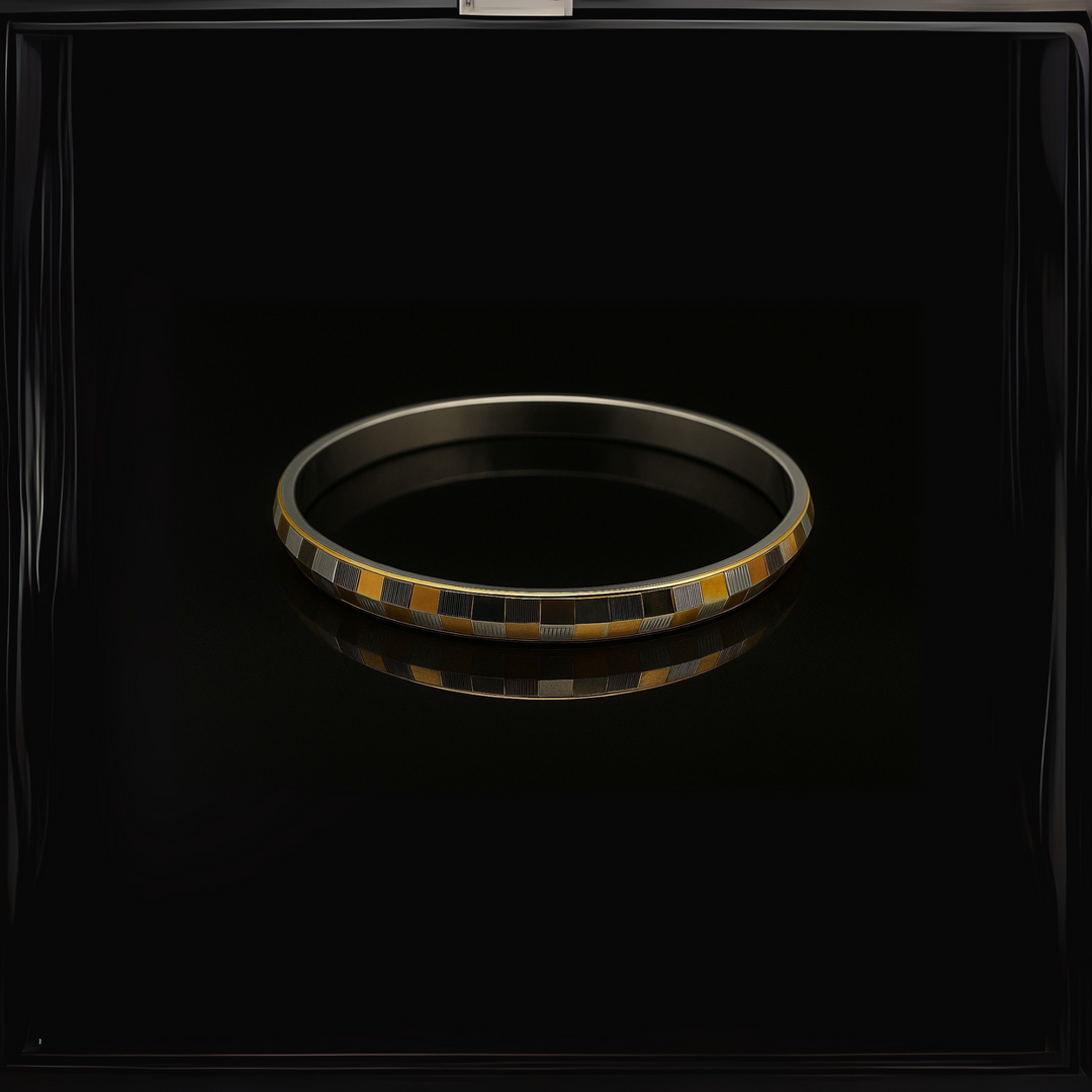 Elegant Men’s Silver Kada with Dual-Tone Geometric Design - SILVER OCEAN Elegant Men’s Silver Kada with Dual-Tone Geometric Design