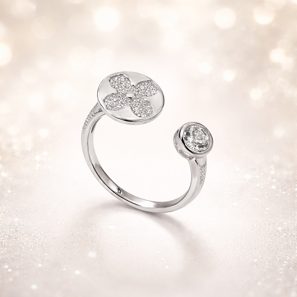 Sterling Silver Floral CZ Open Adjustable Ring